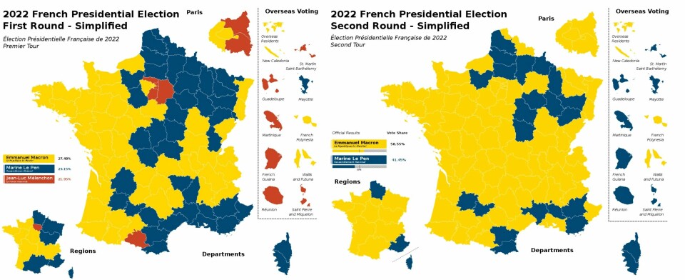 Et forenklet valgkart over resultatet i første (venstre) og andre (høyre) valgomgang i det franske presidentvalget. Emmanuel Macron vant i de gule områdene, Marine Le Pen i de blå og jean-Luc Melenchon i de røde. Satt sammen av to kart fra WikimediaCommons. Et forenklet valgkart over resultatet i første (venstre) og andre (høyre) valgomgang i det franske presidentvalget. Emmanuel Macron vant i de gule områdene, Marine Le Pen i de blå og jean-Luc Melenchon i de røde.