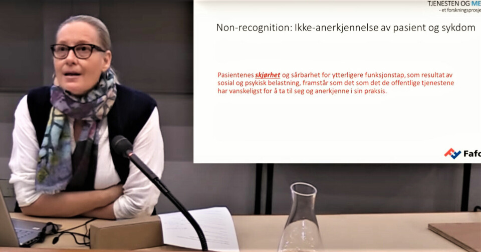 Fafo-forsker Anne Kielland, under det digitale foredraget 'Skadelige relasjoner mellom tjenester og ME-syke i Norge' - basert på funnene hun og de andre forskerne bak prosjektet 'Tjenesten og MEg' har gjort. Fafo-forsker Anne Kielland