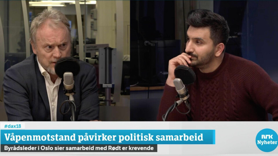 Raymond Johansen og Siavash Mobasheri under debatten på Dagsnytt 18 mandag. Raymond Johansen og Siavash Mobasheri under debatten på Dagsnytt 18 mandag.