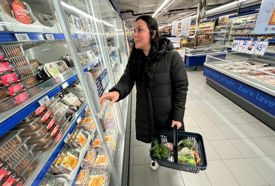 Noshin Khezri (32), her på handletur i Fredrikstad, forteller at familien på tre spiser mindre kjøtt enn før, som følge av økte matpriser. Noshin Khezri (32), her på handletur i Fredrikstad, forteller at familien på tre spiser mindre kjøtt enn før, som følge av økte matpriser.