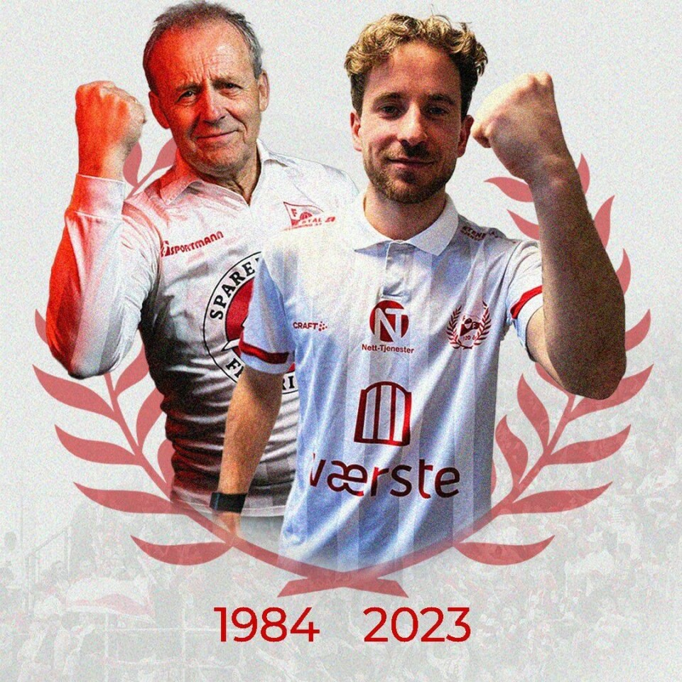 Reidar Lund fra cupmester-laget i 1984 og FFK-spiller Ludvig Begby viser fram henholdsvis originaldrakta og den nye jubileumsdrakta i klubbens lansering av sistnevnte. Reidar Lund fra cupmester-laget i 1984 og FFK-spiller Ludvig Begby viser fram henholdsvis originaldrakta og den nye jubileumsdrakta i klubbens lansering av sistnevnte.