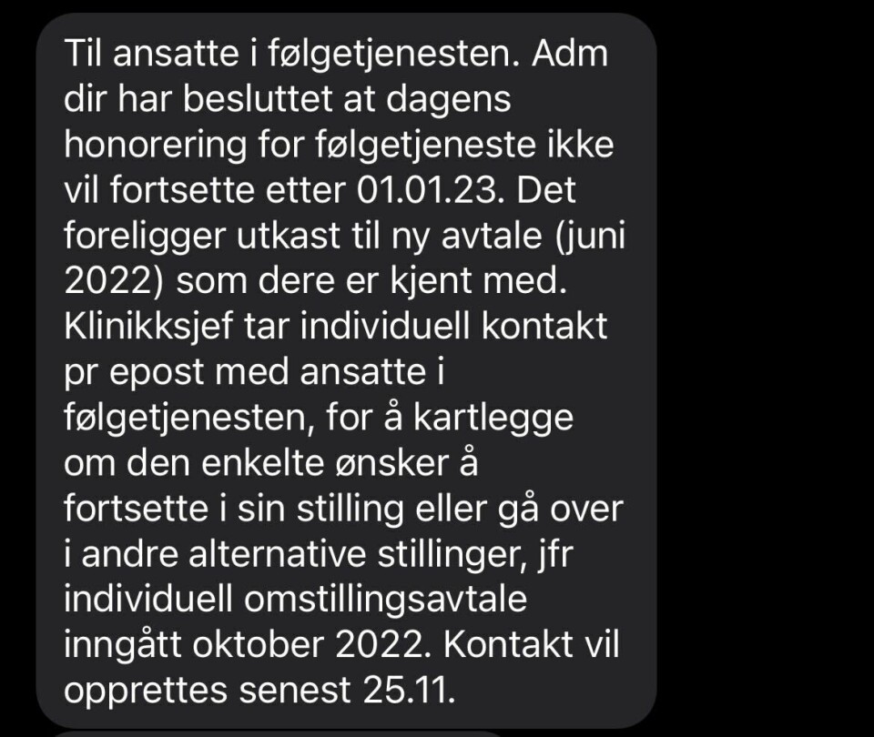 SMS om endringer i vakttillegg for følgetjenesten. Fra Helse Møre og Romsdal til ansatte i følgetjenesten. SMS om endringer i vakttillegg for følgetjenesten. Fra Helse Møre og Romsdal til ansatte i følgetjenesten.
