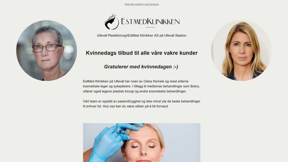 Omdømmeprofessor Peggy Simcic Brønn og leder Mina Gerhardsen i Nasjonalforeningen for folkehelsen reagerer på tilbudet om botox og plastiske operasjoner på kvinnedagen. Omdømmeprofessor Peggy Simcic Brønn og leder Mina Gerhardsen i Nasjonalforeningen for folkehelsen reagerer på tilbudet om botox og plastiske operasjoner på kvinnedagen.