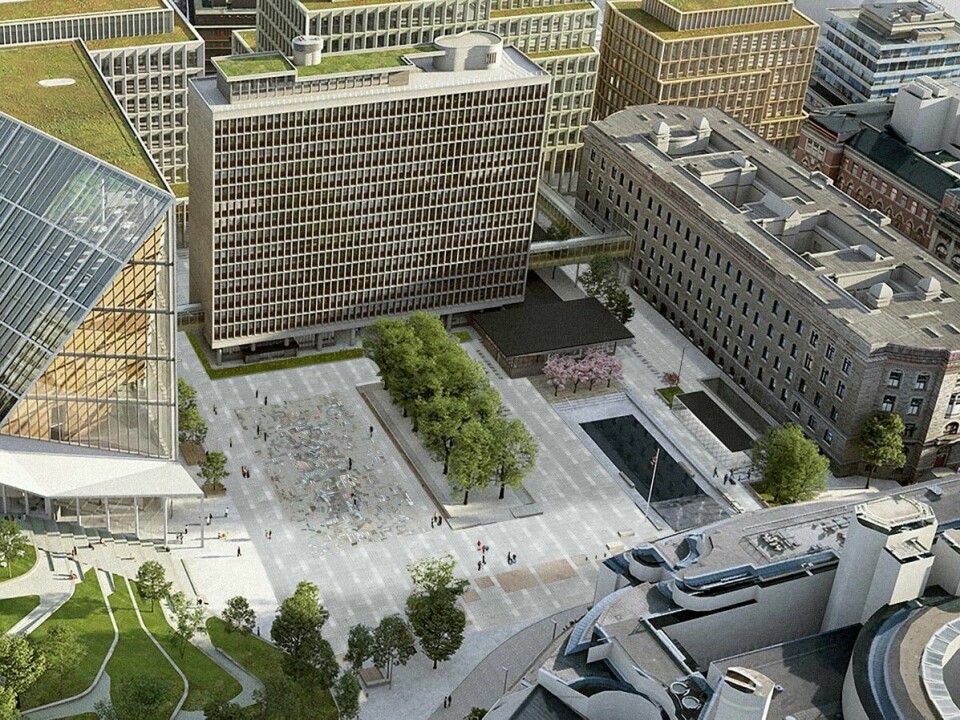 Illustrasjonen viser hvordan kunstverket er tenkt utformet, på bakken til venstre for lindetrærne foran Høyblokka i Oslo sentrum. Illustrasjonen viser hvordan kunstverket er tenkt utformet