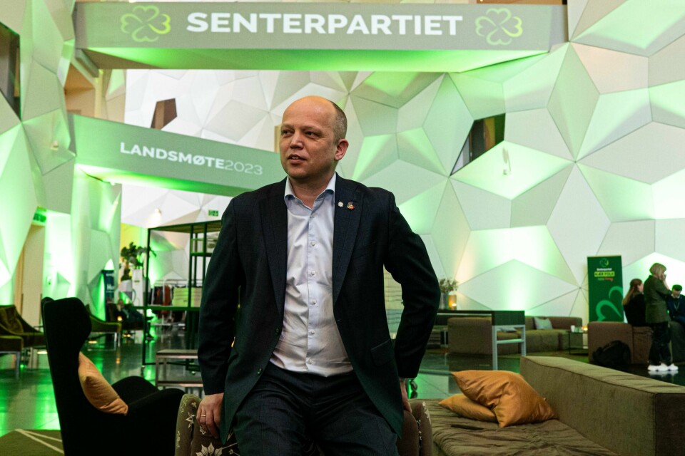 Partileder Trygve Slagsvold Vedum (Sp) under Senterpartiets landsmøte i Trondheim. Sp-leder Trygve Slagsvold Vedum sier blankt nei til å åpne døra og ta SV inn i regjering, til tross for SVs linjeskifte i Nato-politikken. Foto: Joakim Halvorsen / NTB