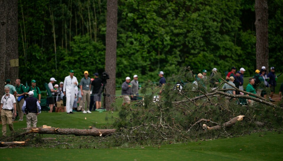 Det blir ikke mer spill på Viktor Hovland og resten av golfeliten fredag etter at vinden gjorde inntog på banen. Flere trær falt like ved tilskuere. Trær har gått i bakken blant folk i US Masters. Foto: Matt Slocum / AP / NTB
