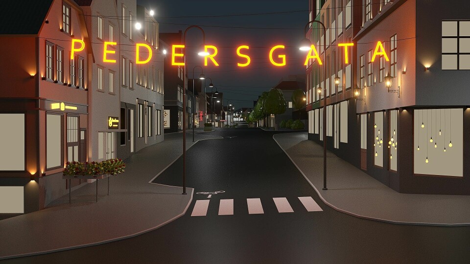 Dette er en tegning av skiltet som skal henge mellom husveggene i Pedersgata. Men påskriften er høyst usikker ennå. Kanskje det heller burde stå «Pedersgadå»? Dette er en tegning av skiltet som skal henge mellom husveggene i Pedersgata. Men påskriften er høyst usikker ennå. Kanskje det heller burde stå «Pedersgadå»?