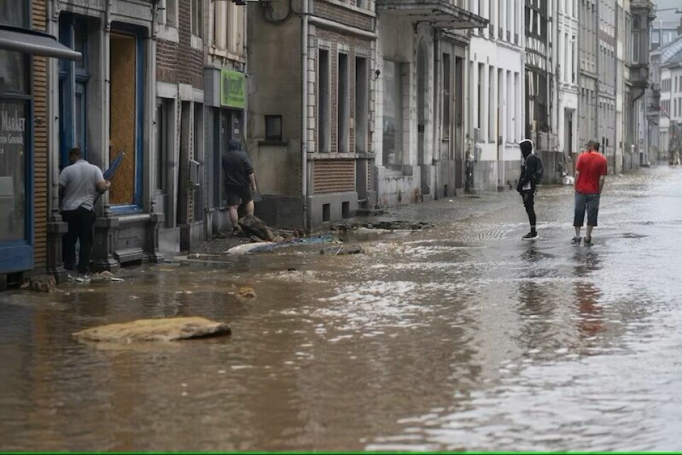 I 2021 var det flom i Belgia, Nederland og Tyskland. Her fra den belgiske byen Verviers. I 2021 var det flom i Belgia, Nederland og Tyskland. Her fra den belgiske byen Verviers.