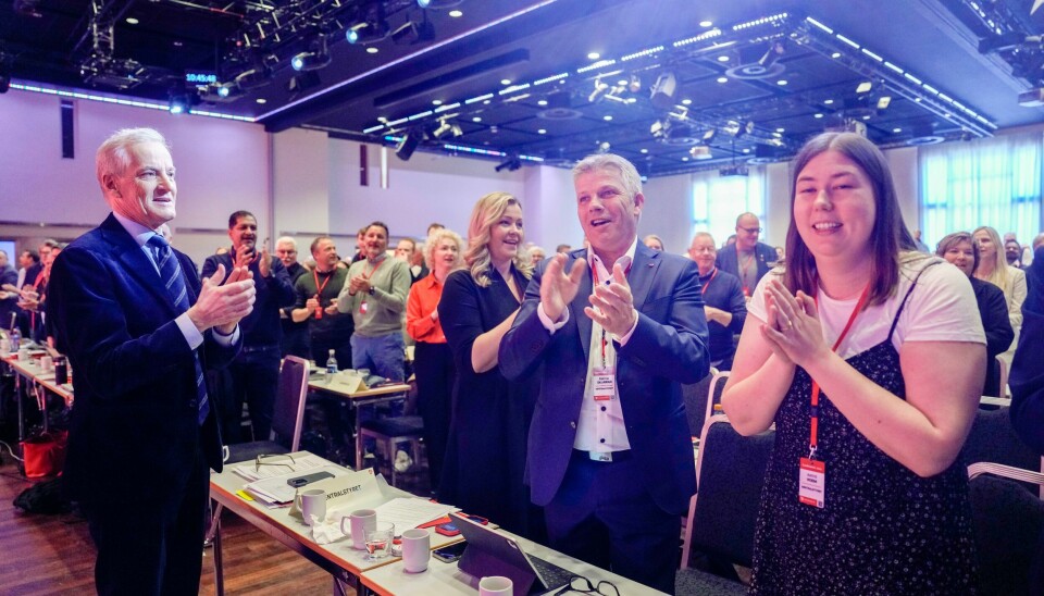 Statsminister Jonas Gahr Støre (t.v.), Kjersti Stenseng, Bjørnar Skjæran og Astri Hoem på Arbeiderpartiet landsmøte i Oslo Kongressenter. Statsminister Jonas Gahr Støre (t.v.), Kjersti Stenseng, Bjørnar Skjæran og Astri Hoem på Arbeiderpartiet landsmøte i Oslo Kongressenter. Foto: Javad Parsa / NTB