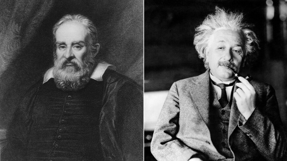 To av fysikkens historiske størrelser: Galileo Galilei (t.v.) og Albert Einstein. Galileo Galilei (t.v.) og Albert Einstein.