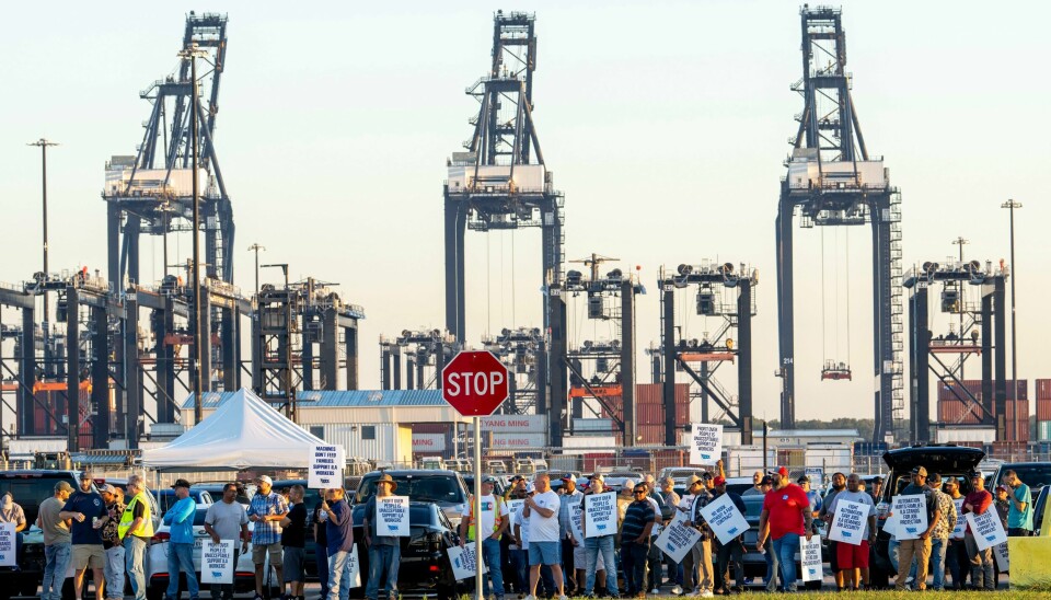Streiken startet tirsdag denne uken. Bildet viser streikende havnearbeidere i Seabrook i Texas. Streiken startet tirsdag denne uken. Bildet viser streikende havnearbeidere i Seabrook i Texas. Foto: Kirk Sides / Houston Chronicle / AP / NTB