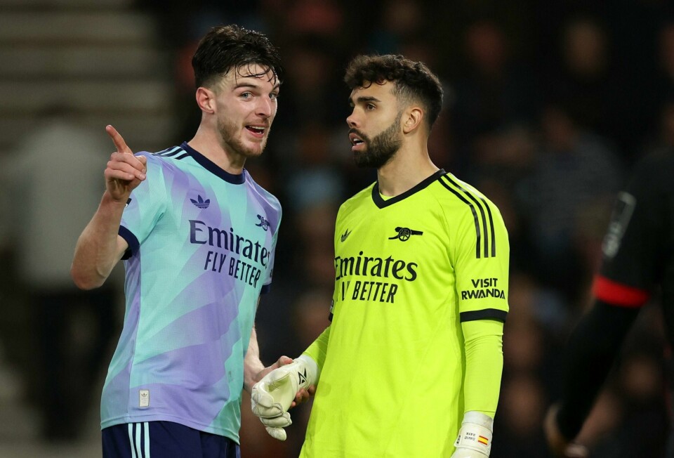Arsenals Declan Rice og keeper David Raya må reise seg etter helgens ligatap. Arsenals Declan Rice og keeper David Raya må reise seg etter helgens ligatap.