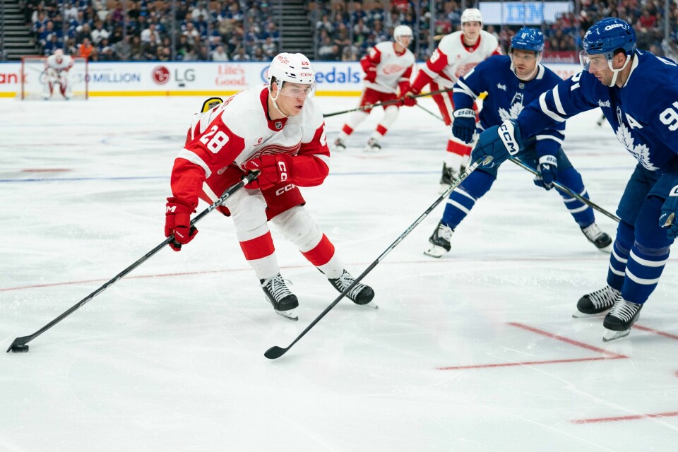 Michael Brandsegg-Nygård i aksjon i treningskamp for Detroit Red Wings mot Toronto Maple Leafs lørdag. Søndag ble det klart at det norske talentet skal spille for svenske Skellefteå i tiden som kommer. Michael Brandsegg-Nygard (28) fra Detroit Red Wings forsvarer pucken mot John Tavares (91) fra Toronto Maple Leafs i tredje periode av en treningskamp i NHL. Foto: Arlyn McAdorey AP / NTB