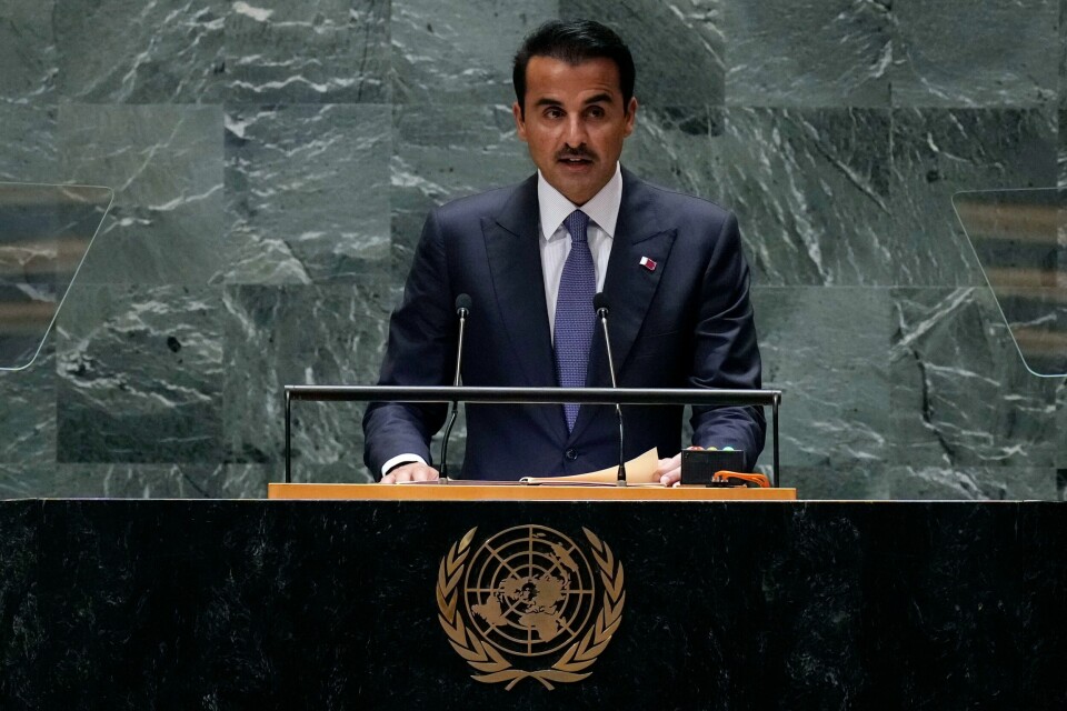 Emir Tamim bin Hamad Al-Thani på talerstolen under FNs hovedforsamling nylig. Emir Tamim bin Hamad Al-Thani på talerstolen under FNs hovedforsamling nylig. Foto: Richard Drew / AP / NTB
