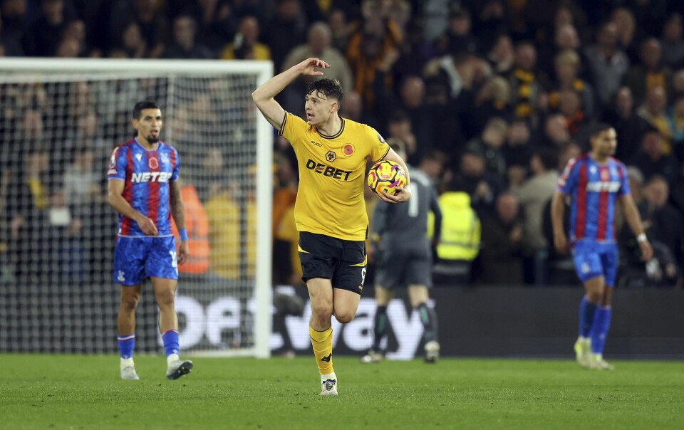 Jørgen Strand Larsen scoret for Wolverhampton mot Crystal Palace i Premier League lørdag. Jørgen Strand Larsen scoret for Wolverhampton mot Crystal Palace i Premier League lørdag. Foto: Barrington Coombs / PA via AP / NTB