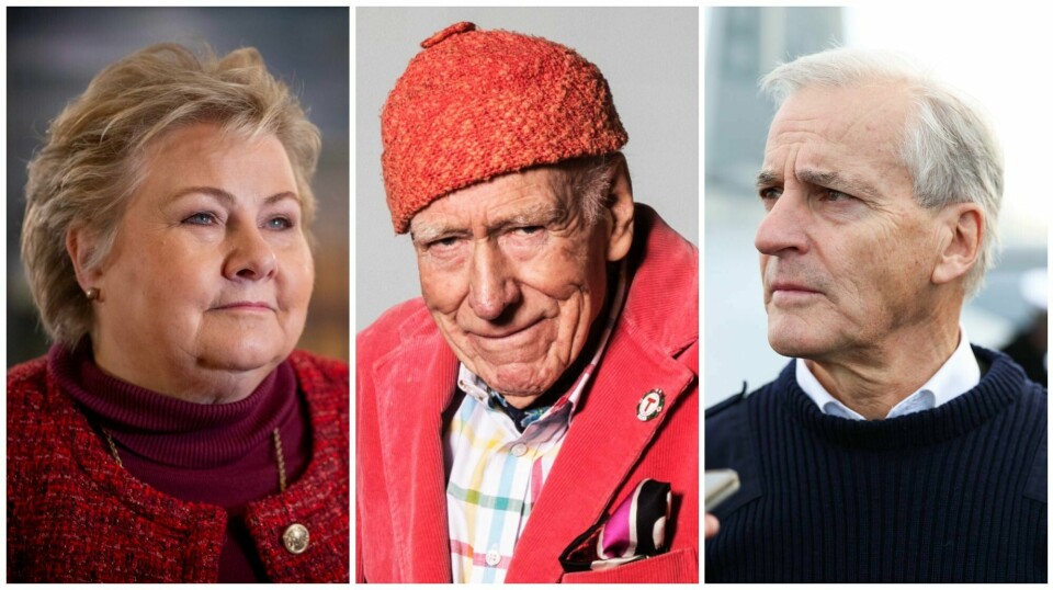Erna Solberg, Olav Thon, Jonas Gahr Støre. Montasje. Erna Solberg, Olav Thon, Jonas Gahr Støre. Montasje.