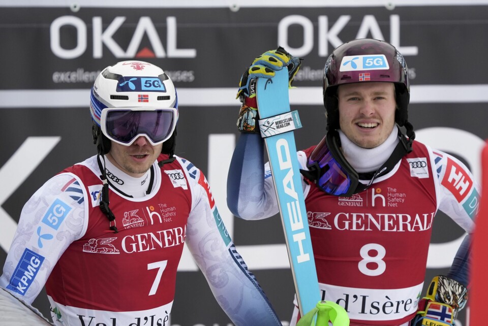 Henrik Kristoffersen og Atle Lie McGrath kom på pallen i Val d'Isère. Henrik Kristoffersen og Atle Lie McGrath kjørte i mål som nummer en og to i Frankrike søndag. Foto: Giovanni Auletta / AP Photo / NTB
