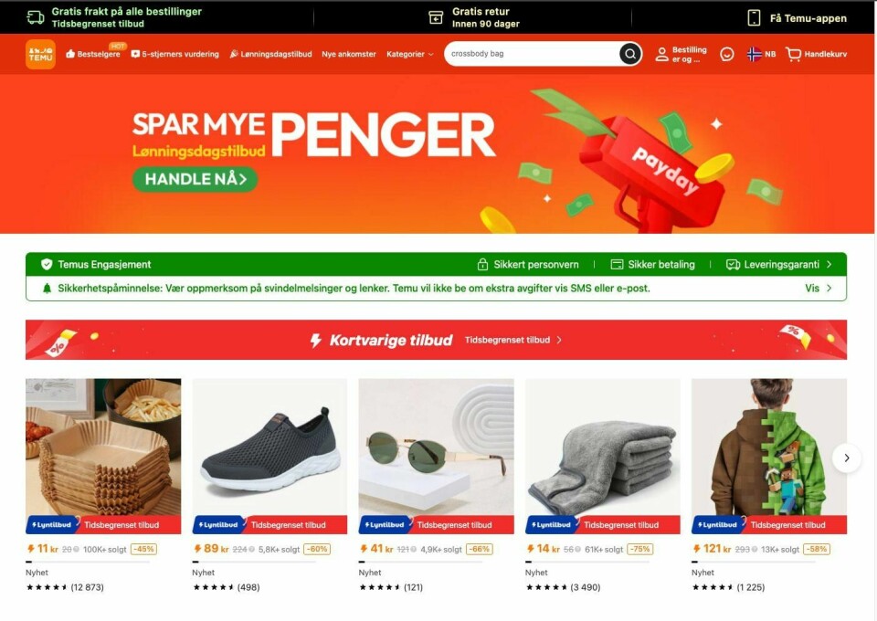 Skjermdump av forsiden til Den kinesiske nettbutikken Temu. Temu har fått sterk kritikk for manglende miljø- og bærekraftsfokus og blir også anklaget for kopierte produkter. Foto: Skjermdump / NTB