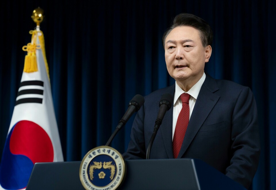 President Yoon Suk-yeol under en tale lørdag. Foto: Sør-Koreas presidentkontor / Yonhap via AP / NTB