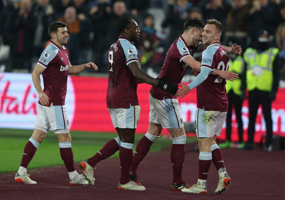 Jarrod Bowen feirer etter å ha satt inn 1-0 til West Ham. Jarrod Bowen feirer etter å ha satt inn 1-0 til West Ham. Foto: Ian Walton/AP/NTB
