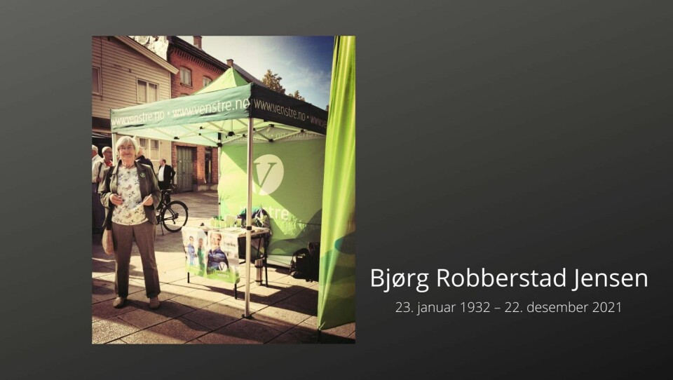 «Bjørg Robberstad Jensens siste verv for Fredrikstad Venstre var som medlem av valgkomiteen i 2013, men deltok på stand i valgkamp også etter det.» «Bjørg Robberstad Jensens siste verv for Fredrikstad Venstre var som medlem av valgkomiteen i 2013, men deltok på stand i valgkamp også etter det.»