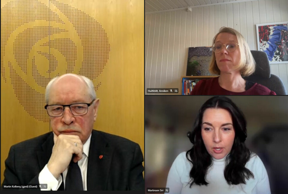 Aps fylkesledere Martin Kolberg (Buskerud), Anniken Huitfeldt (Akershus) og Siri Martinsen (Østfold) under møtet lørdag, som ble avholdt digitalt. Aps fylkesledere Martin Kolberg (Buskerud), Anniken Huitfeldt (Akershus) og Siri Martinsen (Østfold) under møtet lørdag, som ble avholdt digitalt.