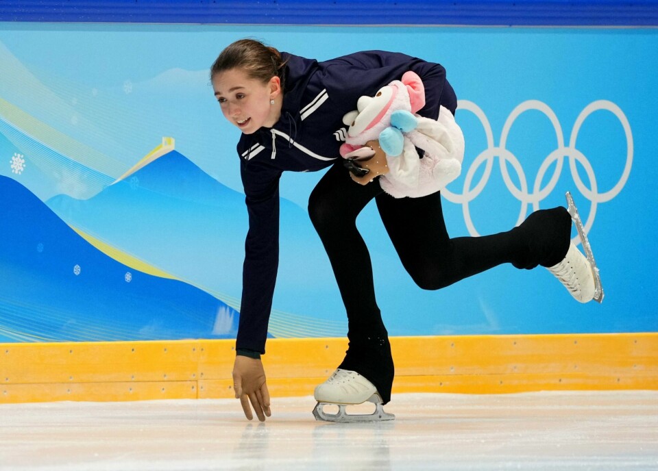 Kamila Valijeva på trening i OL-hallen i Beijing. Kamila Valijeva på trening i OL-hallen i Beijing.