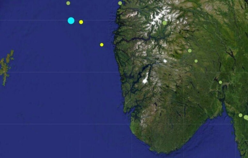 Den blå prikken viser hvor jordskjelvet var i Nordsjøen mandag morgen. Den blå prikken viser hvor jordskjelvet var i Nordsjøen mandag morgen.