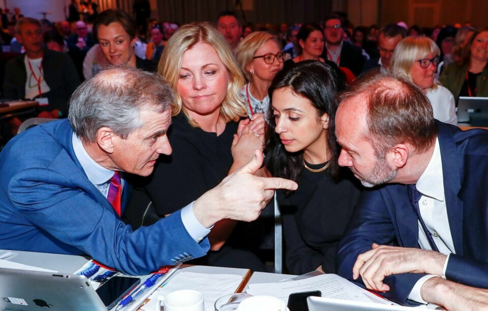 Partileder Jonas Gahr Støre, partisekretær Kjersti Stenseng, Hadia Tajik og Trond Giske på Ap-landsmøtet før valget i 2017, og før Giske-saken sprakk. FOTO: TERJE PEDERSEN/NTB SCANPIX