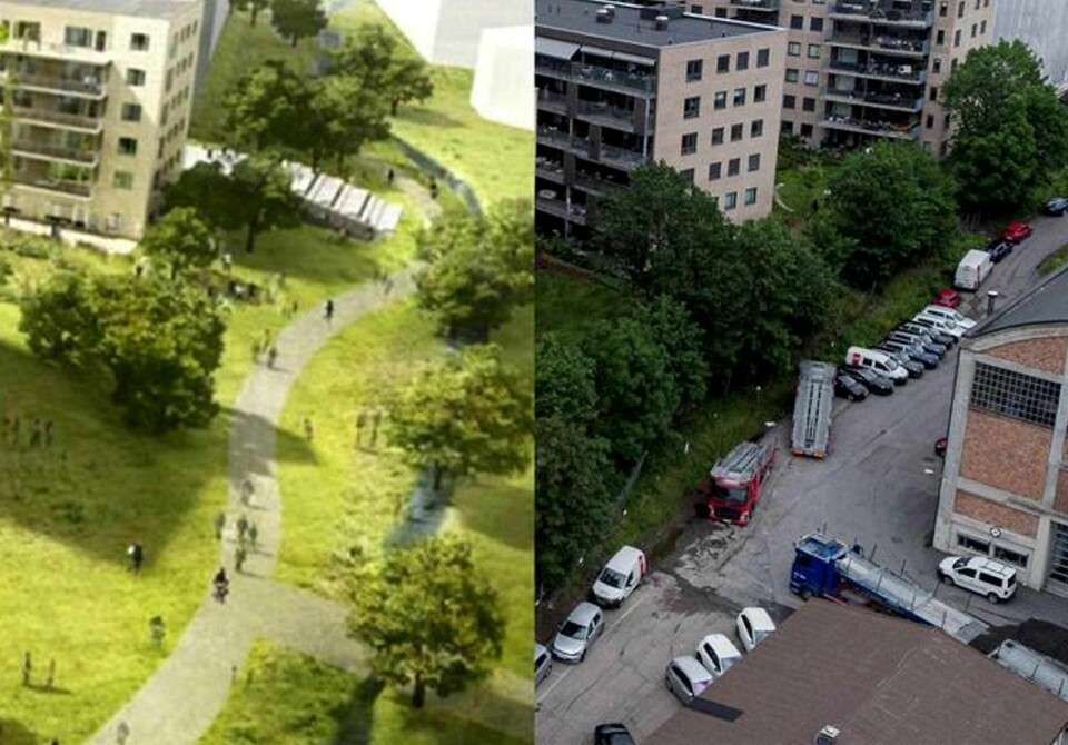 Grønt innsalg: Leilighetene ble solgt med lovnader om grøntområder. Slik ble det ikke. FOTO: SKANSKA(ILLUSTRASJON)/NABOAKSJONEN PÅ ENSJØ