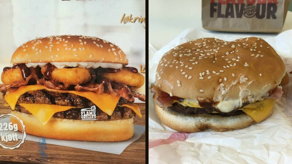 BBQ Bacon King hos Burger King slik reklamen viser den (til venstre), og slik den seå ut da Dagsavisen bestilte den.