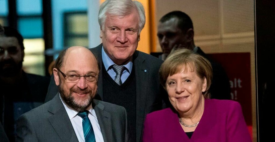 SPDs partileder Martin Schulz (t.v.), CSU-leder Horst Seehofer og statsminister og CDU-leder Angela Merkel skal ifølge tyske medier ha blitt enige om en ny koalisjonsregjering.