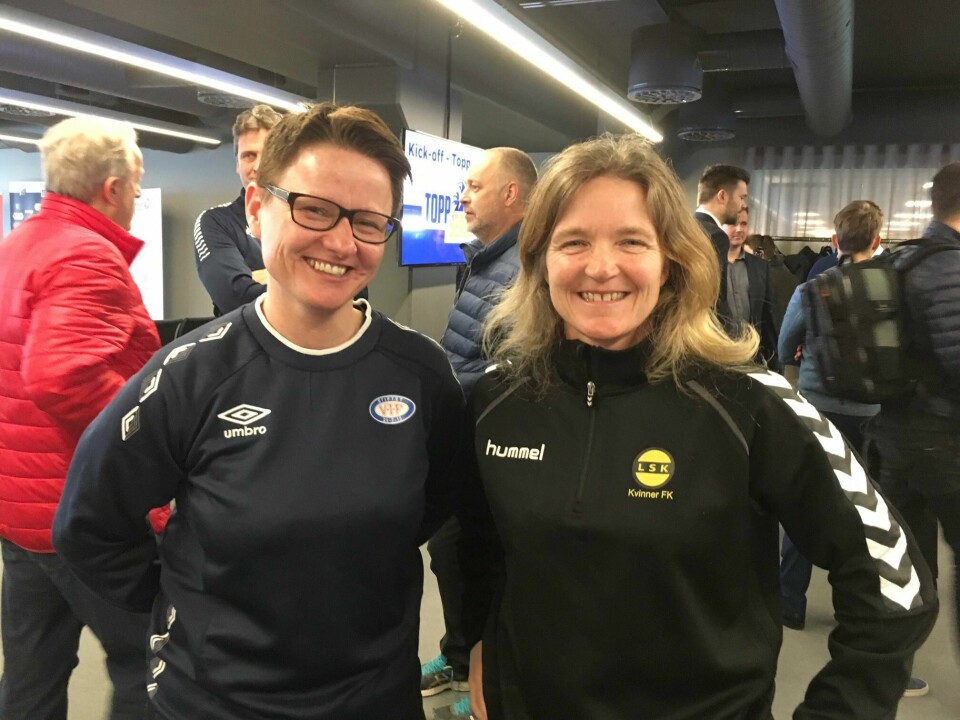 Monica Knudsen (t.v.) og Hege Riise trener nå Vålerenga og LSK Kvinner.
