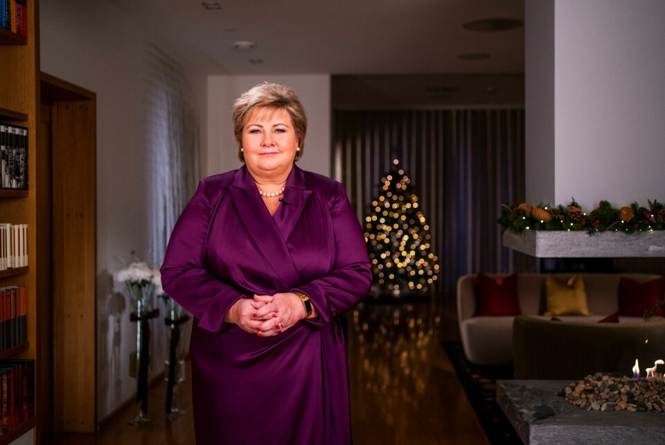 – 2020 viste seg å bli et skikkelig uår, sa statsminister Erna Solberg (H) i sin nyttårstale. Hun leste inn nyttårstalen sin for NRK på Statsministerens kontor nyttårsaften. Oslo 20201231. Statsminister Erna Solberg (H) leser inn nyttårstalen sin for NRK på statsministerens kontor nyttårsaften.Foto: Håkon Mosvold Larsen / NTB