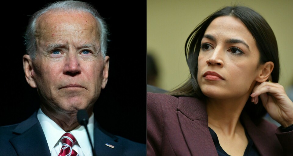 Joe Biden og Alexandria Ocasio-Cortez. Montasje: AFP/NTB (COMBO) This combination of pictures created on May 14, 2019 shows,A file photo taken on March 16, 2019, former US vice president Joe Biden speaks during the First State Democratic Dinner in Dover, Delaware. andA file photo taken on February 27, 2019 US Congresswoman Alexandria Ocasio-Cortez (D-NY) listens as Michael Cohen, attorney for President Trump, testifies before the House Oversight and Reform Committee in the Rayburn House Office Building on Capitol Hill in Washington, DC. - Democratic 2020 frontrunner Joe Biden was forced into defending his environmental record on May 14, 2019 after a popular progressive in Congress demanded presidential hopefuls abandon a 'middle-of-the-road' approach to combatting climate change. 'You never heard me say middle of the road. I've never been middle of the road on the environment,' the former vice president, 76, said at a campaign stop in New Hampshire, a day after first-term congresswoman Alexandria Ocasio-Cortez implicitly rebuked Biden over the issue. (Photos by SAUL LOEB and MANDEL NGAN / AFP)