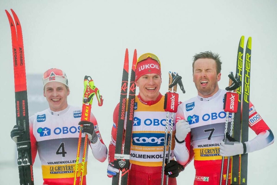 De tre beste på femmila i Holmenkollen, fra venstre Simen Hegstad Krüger (nr. 2), vinneren Aleksandr Bolsjunov og Emil Iversen (nr, 3).