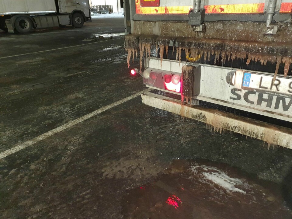 Fikk ikke kjøre videre med store avrenninger fra fiskelasten. Foto: Statens vegvesen
