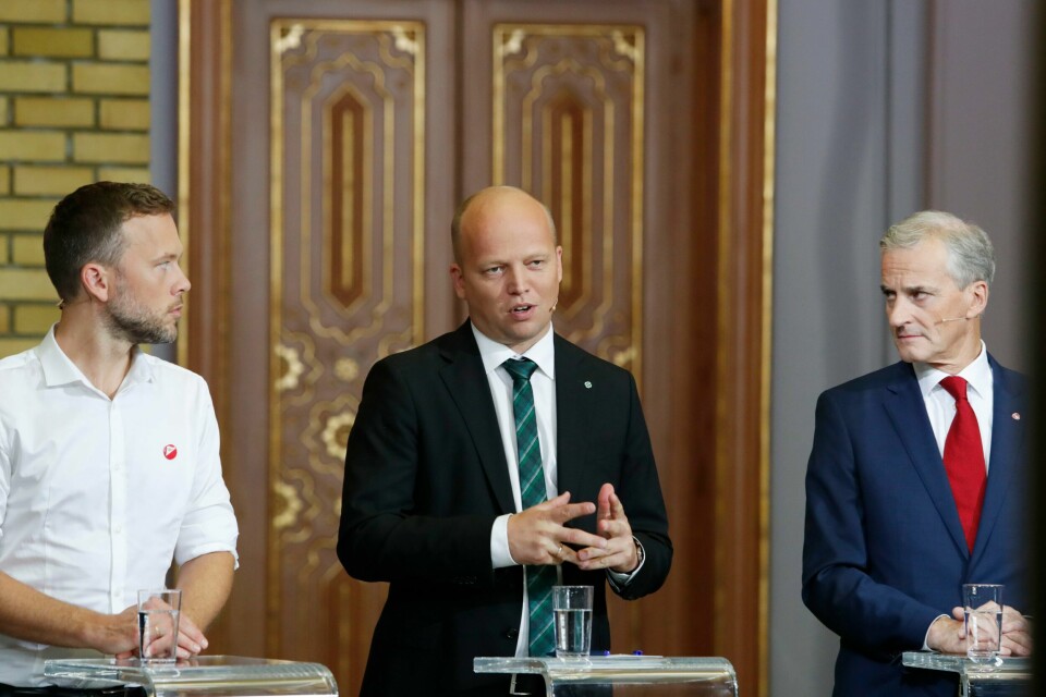 Audun Lysbakken (SV), Trygve Slagsvold Vedum (Sp) Jonas Gahr Støre (Ap) under partilederdebatten på Stortinget etter kommune- og fylkesvalget 2019.