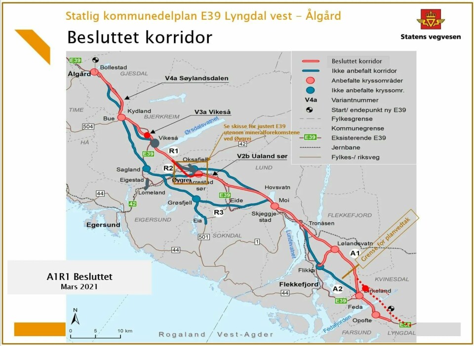 Kartet viser den endelige korridoren for E39 inkludert området ved Øygrei hvor det må reguleres en trasé for R1 som avviker fra kommunedelplanen. Kartet viser den endelige korridoren for E39 inkludert området ved Øygrei hvor det må reguleres en trasé for R1 som avviker fra kommunedelplanen.