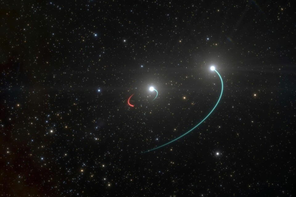 Denne illustrasjonen fra det europeiske sørobservatoriet viser hvordan stjernene går i bane rundt det astronomene har funnet ut må være et sort hull.