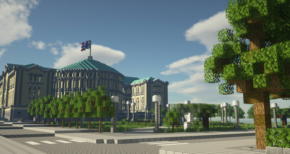 Stortinget i Oslo er ett av landemerkene som de norske spillerne har bygget langs ruta til det virtuelle 17. mai-toget. Stortinget i Oslo er ett av landemerkene som de norske spillerne har bygget langs ruta til det virtuelle 17. mai-toget.