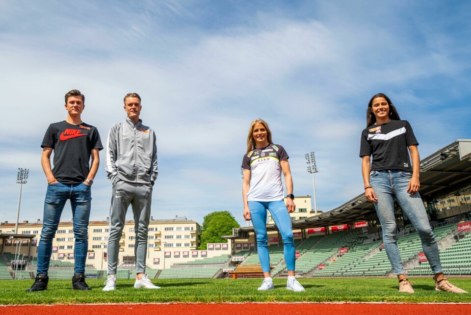 Jakob og Filip Ingebrigtsen, Therese Johaug og Amalie Iuel er fire av torsdagens aktører. Oslo 20200526. F.v.: brødrene Jakob og Filip Ingebrigtsen, Therese Johaug og Amalie Iuel under Bislett Alliansens pressekonferanse om Impossible Games på Bislett stadion i Oslo tirsdag.Foto: Håkon Mosvold Larsen / NTB scanpix