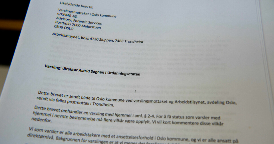 Her er varselet som ble sendt inn medio februar 2014. Bak sto tre direktører i toppledergruppa i Utdanningsetaten. Her er varselet som ble sendt inn medio februar 2014. Bak sto tre direktører i toppledergruppa i Utdanningsetaten.