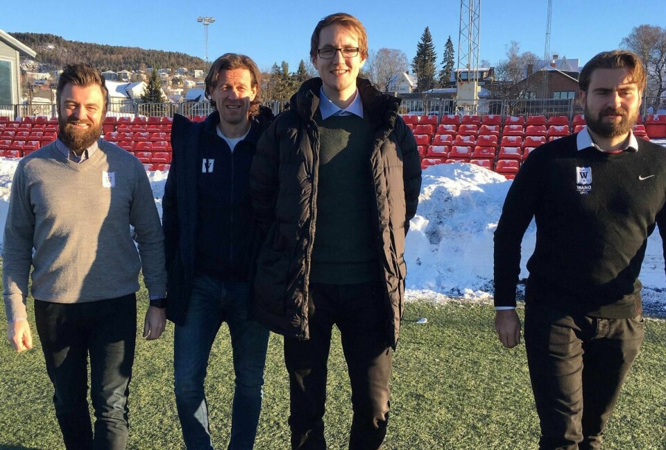 Fra venstre toppidrettssjef på Wang Toppidrett, Kristian Gilbert, assistenttrener i Skeid Morten Berre, daglig leder Daniel Strand og leder av Wang Ung, Martin Waaler Kaas.