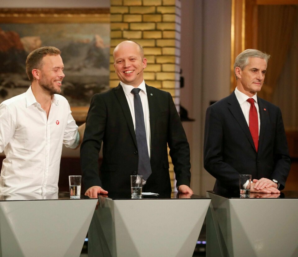 SAMLET OPPOSISJON: Ap-leder Jonas Gahr Støre (t.h.) må nå gripe lederskapet på rødgrønn side. Verken Sp-leder Trygve Slagsvold Vedum (midten) eller SV-leder Audun Lysbakken vil motsette seg det, skriver Arne Strand. FOTO: VIDAR RUUD/NTB SCANPIX