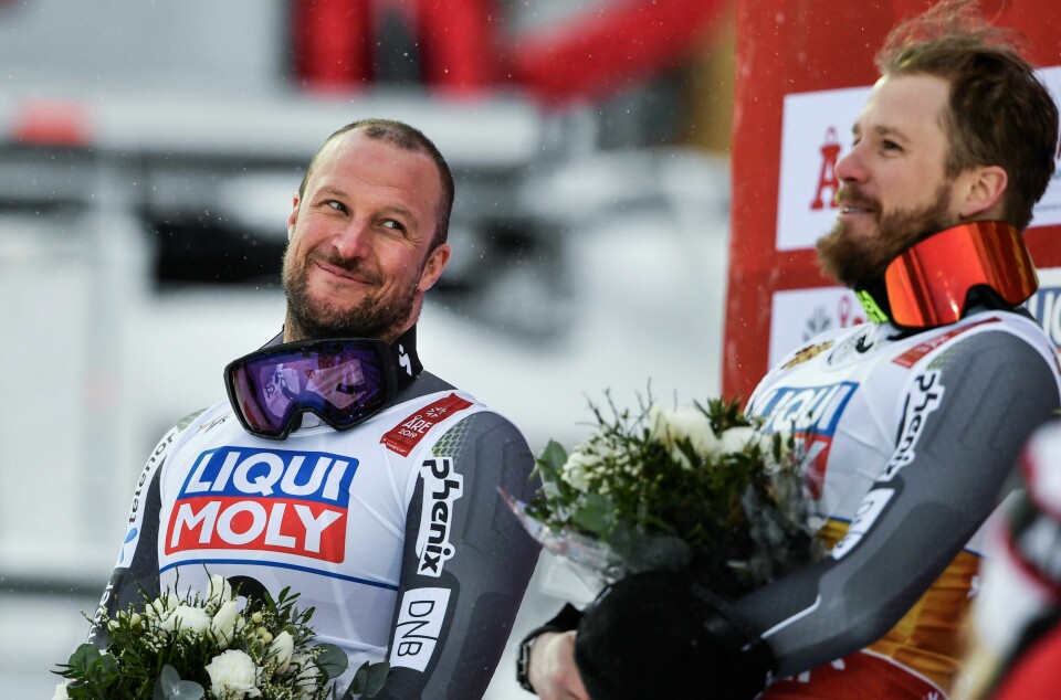 Aksel Lund Svindal (t.v.) og Kjetil Jansrud på seierspallen sammen fo siste gang. Alpine Skiing - FIS Alpine World Ski Championships - Men's Downhill - Are, Sweden - February 9, 2019 - Silver medalist Norways Aksel Lund Svindal and gold medalist Norways Kjetil Jansrud. TT News Agency/Jonas Ericsson via REUTERS ATTENTION EDITORS - THIS IMAGE WAS PROVIDED BY A THIRD PARTY. SWEDEN OUT. NO COMMERCIAL OR EDITORIAL SALES IN SWEDEN.