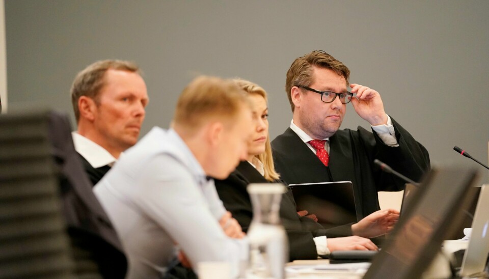 Advokat Odd Stemsrud (t.h), Line Hoven, Lars Kristoffersen og Henrik Kristoffersen i Oslo tingrett under rettssaken mellom Kristoffersen og Norges Skiforbund.