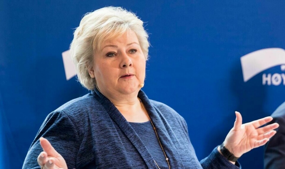 Høyre-leder og statsminister Erna Solberg under pressefrokosten på Vega scene i forkant av Høyres landsmøte i helgen. Samme sted ble det omstridte teaterstykket «Ways of seeing» vist. Stykket hun kritiserer.