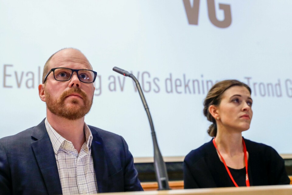 Sjefredaktør Gard Steiro og nyhetsredaktør Tora Bakke Håndlykken under VGs egen evaluering av avisas dekning av den såkalte Giske-videosaken. Oslo 20190327.Sjefredaktør Gard Steiro og nyhetsredaktør Tora Bakke Håndlykken under VGs egen evaluering av avisas dekning av den såkalte Giske-videosaken. Mediehuset legger fram evalueringen onsdag kveld. Foto: Berit Roald / NTB scanpix