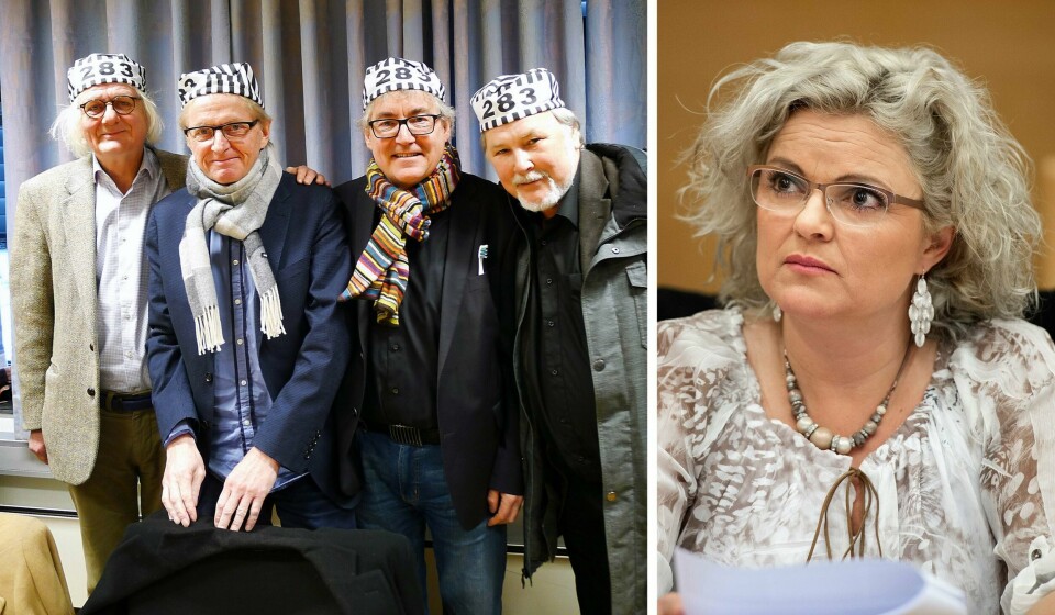 I desember møter Løgnaslagets Per Inge Torkelsen, Dag Schreiner, Pål Mangor Kvammen og Bjørn Aslaksen Merete Hodne på nytt. Hodne krever erstatning av dem etter at hun ble kalt nazifrisør i en av sketsjene til Løgnaslaget. Foto Tore Bruland og Carina Johansen / NTB scanpix